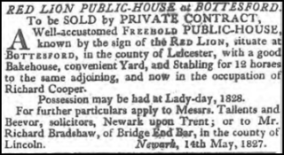 The Red Lion for sale in 1827 (from the Stanford Mercury). | British Newspaper Archive