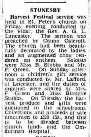 Stonesby 1957 Grantham Journal article about Canon Calcraft preaching at Stonesby in October 1957