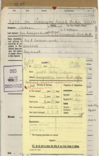 Note on Joseph Baker Anderson's service record showing he visited Bottesford in 1920 | Archives New Zealand (Fair use)