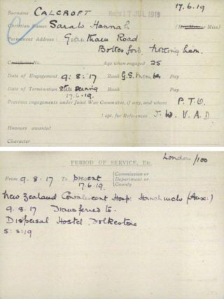 One of the VAD record cards for Sarah Hannah Calcraft | British Red Cross WW1 Archive