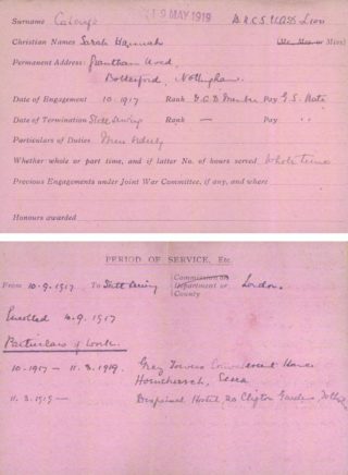 Another VAD record card for Sarah Hannah Calcraft | British Red Cross WW1 Archive
