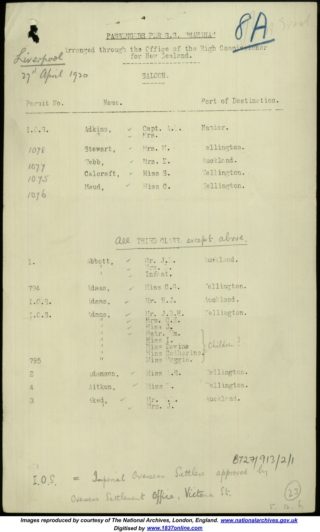 SS Mahana manifest showing Sarah Calcraft as one of only 6 First saloon passengers | The National Archives