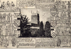 Postcard of Stathern St Guthlac's church and a series of historical cartoons.