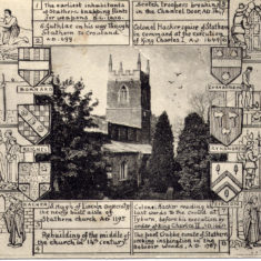 BOT025_012_MS Stathern postcard Postcard of Stathern St Guthlac's church and a series of historical cartoons.