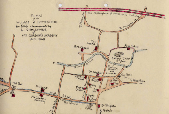 Map of Bottesford by schoolboy L. Challands of Mr Gordon's academy in 1848.