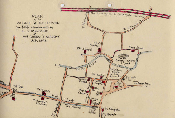 BOT025_013_MSA-oldvillagemap Map of Bottesford by schoolboy L. Challands of Mr Gordon's academy in 1848.