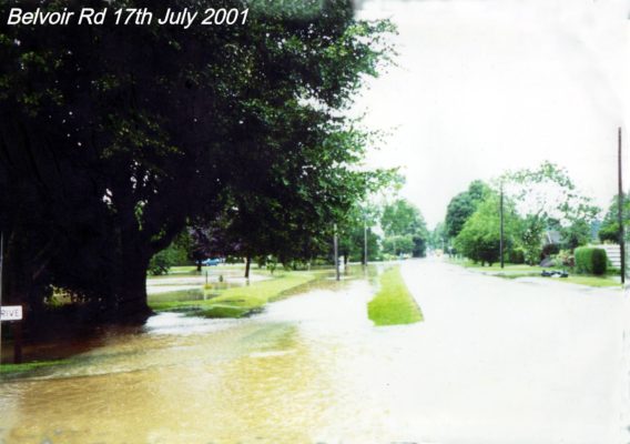 BOT169_006_PSU_BelvoirRd_17-07-01_label Flooding in July 2001, Belvoir Road and Keel Drive