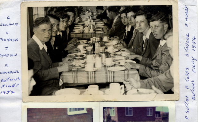 Bottesford lads at breakfast in Butlin's Holiday Camp, Filey, 1954