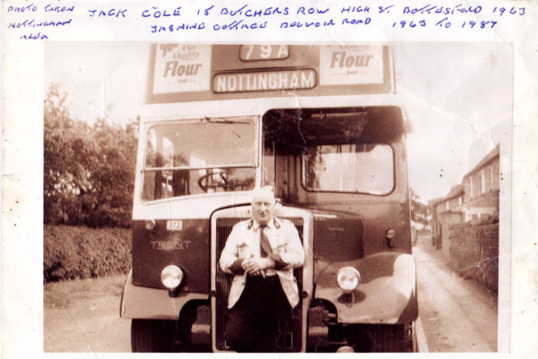 Jack Cole, Bottesford bus driver, about 1963, by his bus bound for Nottingham | From the collection of Philip Sutton