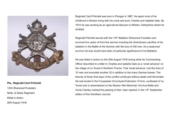 Remembering Pte., Reginald Cecil Pritchett, 1/5th Btn., Sherwood Foresters, Nott., & Derby Regiment