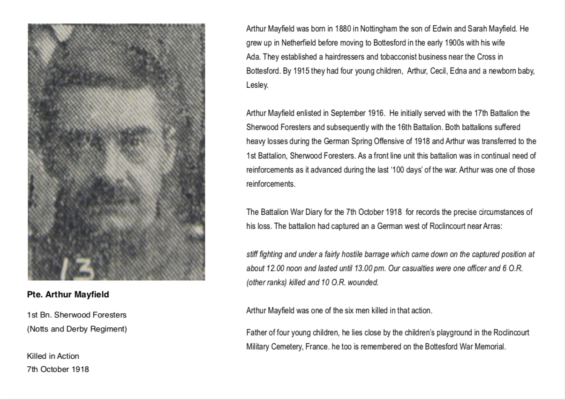 Remembering Pte. Arthur Mayfield,  1st Battalion Sherwood Foresters (Notts. & Derby Regiment)