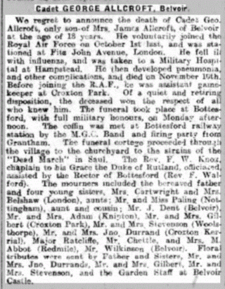 Report of Cadet Allcroft's death and funeral, from the Grantham Journal of the 30th November 1918. | British Newspaper Archive