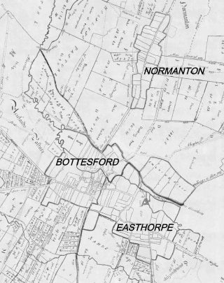Part of the Enclosure Map of 1771 covering Bottesford, Easthorpe and Muston, showing the new field boundaries as well as indicating the old field names and extent of earlier enclosures centred on the villages themselves.                              Reproduced from a private copy of the map. | Bottesford Local History Archive