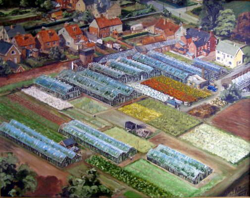 OLYMPUS DIGITAL CAMERA A painting showing an aerial view of The Vineries, Belvoir Road. | Mrs Jill Bagnall and Bottesford Local History Archive