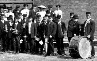 Bottesford band during celebrations of the coronation of George V, June 22nd, 1911. Band leader William Sutton wears a bowler hat (second man from right). | Bottesford Local History Archive