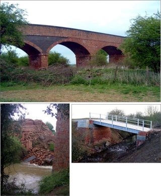 Three pictures showing the Three-Arch Bridge in its intact state before its collapse, detail of the collapsed brickwork immediately after the heavy rain which brought it down, and the rather uninspiring 'temporary' bridge thrown up immediately after the collapse to allow local farmers to reach their stock grazing on the far side of the river Devon. | Bottesford Local History Archive