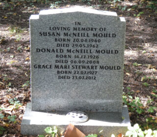 Headstone in St. Mary's churchyard, Bottesford, for Susan McNeill Mould, Donald McNeill Mould and Grace Mari Stewart Mould.