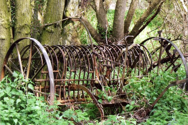 This appears to be a horse-drawn field rake, abandoned outside the sheds at the Lock House. | Margaret Langton