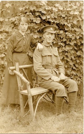This may be a picture of Pte Henry Box soon after he joined up during the First World War, when he was posted to the Yorkshire Light Infantry. The young woman behind him seems to be his sister Evelyn Box (later 