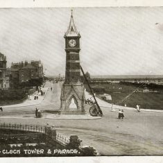 BOT173_013 Marston album4 01 A postcard of the clock-tower at Skegness around 1913. The card was posted to Evelyn Box by her mother on 18th December 1913, a time when 'Eve' was working at the rectory at Hawksworth, Notts. | From Janet Dammes' family archive.