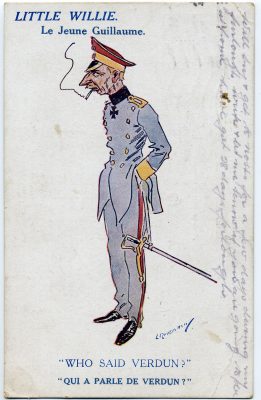 A First World War postcard mocking the Kaiser during the seige of Verdun. | From Janet Dammes' family archive.