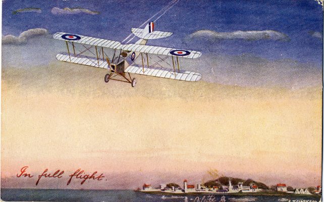 A First World War postcard celebrating the valour of the RFC fighter pilots. | From Janet Dammes' family archive.