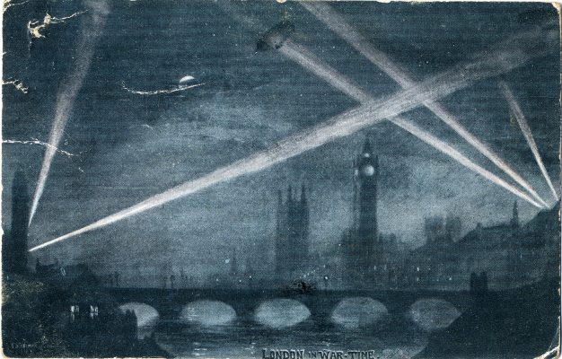 The blackout over London, search light beams capturing a Zeppelin dirigible in the sky over Big Ben. | From Janet Dammes' family archive.
