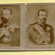 Third of four tiny photo prints in the souvenir matchbox. Portraits of George V and the Tsar of Russia. | From Janet Dammes' family archive.