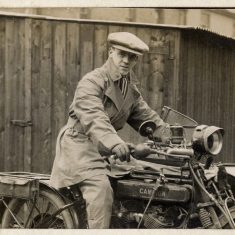 One of the family astride his Campion motorcycle. The Campion Cycle Company was a Nottinghamshire manufacturer of motorcycles active from 1893 to 1926. In 1927, it was bought by Curry's, who merged it with the Louth Bicycle Company, from whence they moved on the manufacture television sets in the 1940s, and continued until taken over by Dixon's in 1984 (Wikipedia). The rider might be Vic Marston, though this would indicate that the bike is a second-hand model. | Picture from Janet Dammes' family album