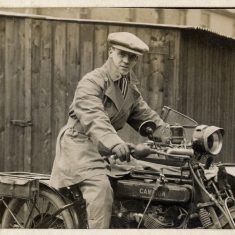 BOT177_026 Marston album1 26 #2 One of the family astride his Campion motorcycle. The Campion Cycle Company was a Nottinghamshire manufacturer of motorcycles active from 1893 to 1926. In 1927, it was bought by Curry's, who merged it with the Louth Bicycle Company, from whence they moved on the manufacture television sets in the 1940s, and continued until taken over by Dixon's in 1984 (Wikipedia). The rider might be Vic Marston, though this would indicate that the bike is a second-hand model. | Picture from Janet Dammes' family album