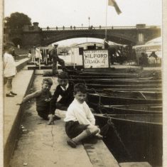 The boys on a visit to Nottingham, here on the landing stage at Trent Bridge for boat trips upstream to Wilford or downstream to Colwick. | Janet Dammes