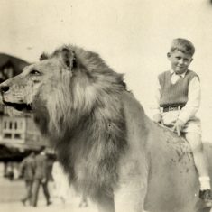 Geoff, aged 6, astride the lion (not live, one hopes), at Skegness, 1956. | Janet Dammes