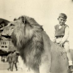 BOT177_051 Marston album2 12 Geoff, aged 6, astride the lion (not live, one hopes), at Skegness, 1956. | Janet Dammes