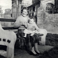 BOT177_060 Marston album2 21 'In front of Riverside Cottage, Bottesford, April 1958, Gladys and Janet Marston.' | Janet Dammes