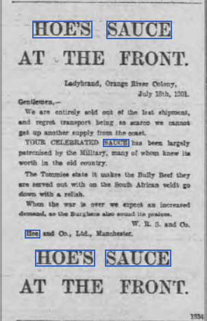 Hoe's Sauce advertise from the Manchester Evening News, September 1901. | British Newspaper Archive