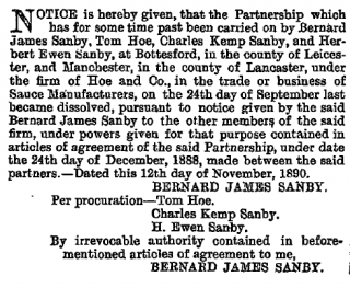 London Gazette hoes sauce The notice from the London Gazette 18th November 1890 recording the winding up of the Hoe-Sanby partnership. | Thanks to Diana Honeybone for providing this information.