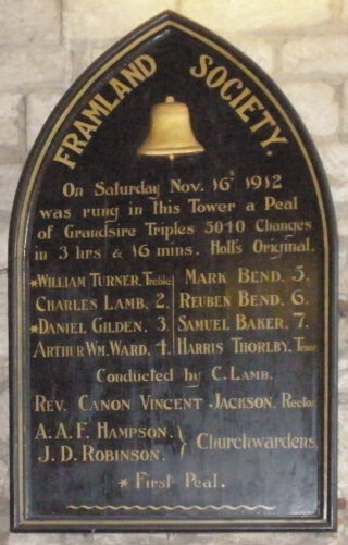 Board commemorating the ringing of Grandsire Triples on November 12th, 1912, displayed in St Mary's tower ringing chamber. William Turner, now sixty years old, played a prominent part. | Neil Fortey