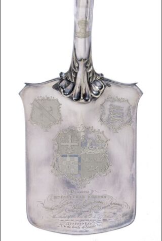 Bottesford for Belvoir - slide 15 The inscribed blade of the silver-plated ceremonial spade presented to Mrs Fletcher-Norton 'turning the first sod' of the Anbergate Railway at Bottesford in February 1847. | Courtesy of Max Kiessling Carlo Bonte Auctions, 2023