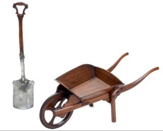 Bottesford for Belvoir - slide 15a The inscribed spade and navvy's barrow presented to Mrs Fletcher-Norton 'turning the first sod' of the Ambergate Railway at Bottesford in February 1847. | Courtesy of Max Kiessling Carlo Bonte Auctions, 2023