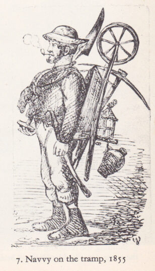 Bottesford for Belvoir - slide 10 Cartoon of a typical mid-19th century railway labourer (navvy) tramping from one construction site to another, carrying his own spade, pick and barrow, also his hat, pipe, candle, lantern and flagon. | Punch, reproduced in Terry Coleman, 'The Railway Navvies', 1965