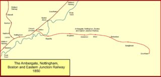 Bottesford for Belvoir - slide 8 The route of the Ambergate Railway from Colwick Junction to Grantham which opened in July 1850. At this date Grantham was a country market town surrounded by verdant countryide, with no other railway connection. | Wikipedia, commons licence