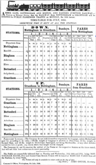 Bottesford for Belvoir - slide 20 The opening timetable of the Ambergate Railway's service from Nottingham to Grantham, July 1850. | Grantham Journal, 'Find my Past' website
