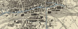 Bottesford for Belvoir - slide 27 Part of Nottingham as shown by the Ordnance Survey, 1885. The MIdland Railway runs from right to left across this map, its Carrington Street station at the centre. The London Road terminus of the Great Northern Railway is seen adjacent to the canal. The map also shows the first 1839 MR terminus building to the west of Carrington Street. | Ordnance Survey 1885; National Library of Scotland