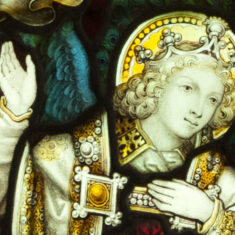 P1090916_03 The angel delares the miracle of the birth of the Saviour. Part of the Nativity window in the Lady Chapel wich is tentatively attributed to the workshop of Charles Eamer Kempe, the Late Victorian stained-glass maker. | Neil Fortey